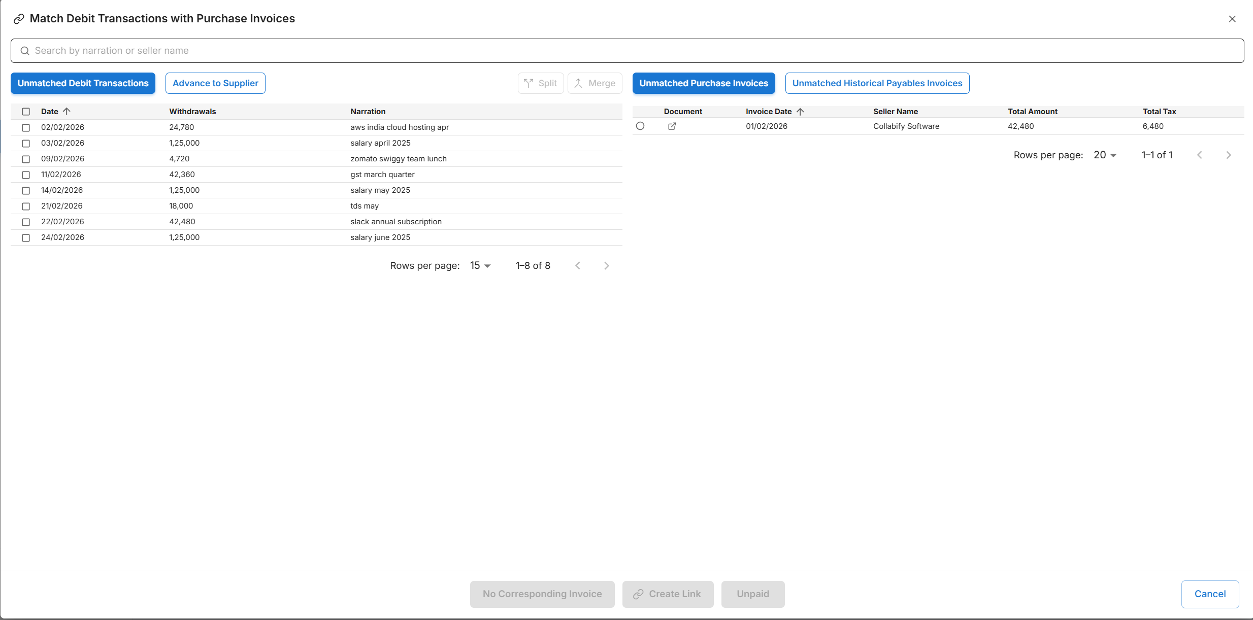 Flick AI side by side unmatched debit reconciliation screen